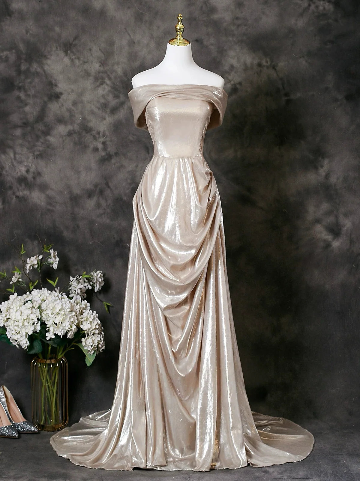 A-Line Off Shoulder Champagne Long Prom Dress, Champagne Long Formal Dress TH016