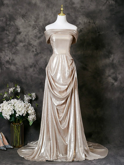 A-Line Off Shoulder Champagne Long Prom Dress, Champagne Long Formal Dress TH016