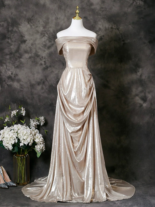 A-Line Off Shoulder Champagne Long Prom Dress, Champagne Long Formal Dress TH016
