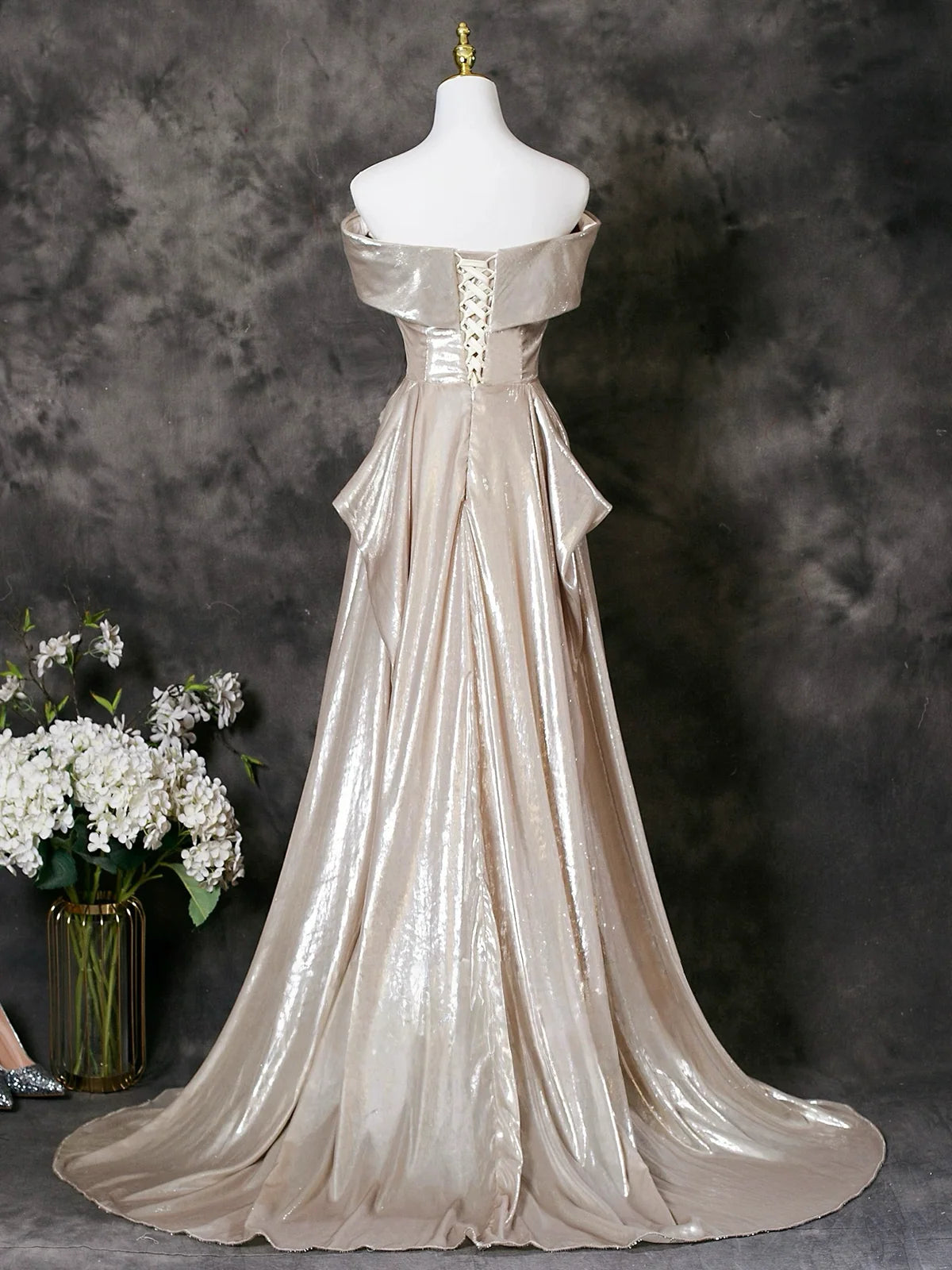 A-Line Off Shoulder Champagne Long Prom Dress, Champagne Long Formal Dress TH016