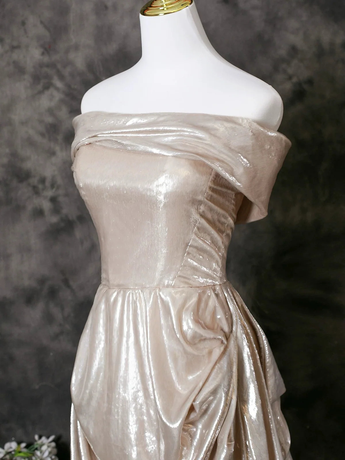 A-Line Off Shoulder Champagne Long Prom Dress, Champagne Long Formal Dress TH016