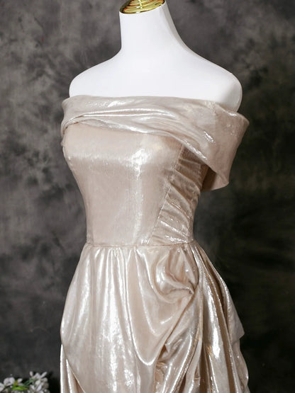 A-Line Off Shoulder Champagne Long Prom Dress, Champagne Long Formal Dress TH016