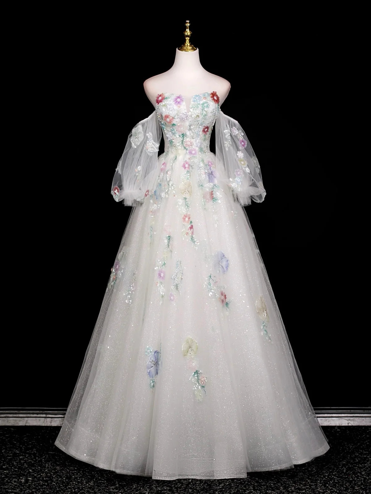 A-Line Long Sleeves Tulle White Long Prom Dress, White Long Graduation Dress TH017