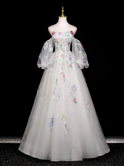A-Line Long Sleeves Tulle White Long Prom Dress, White Long Graduation Dress TH017