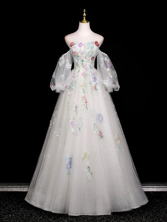 A-Line Long Sleeves Tulle White Long Prom Dress, White Long Graduation Dress TH017