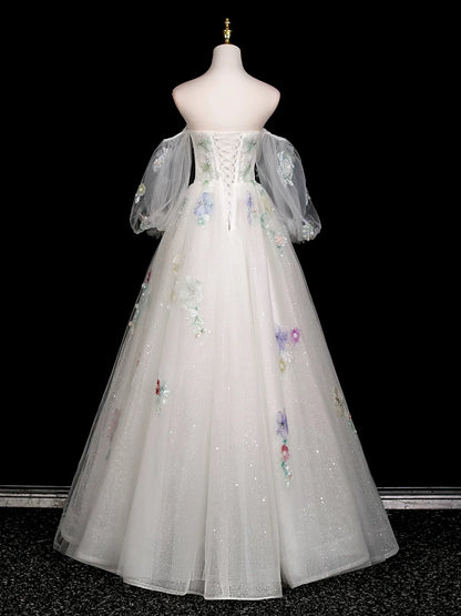 A-Line Long Sleeves Tulle White Long Prom Dress, White Long Graduation Dress TH017