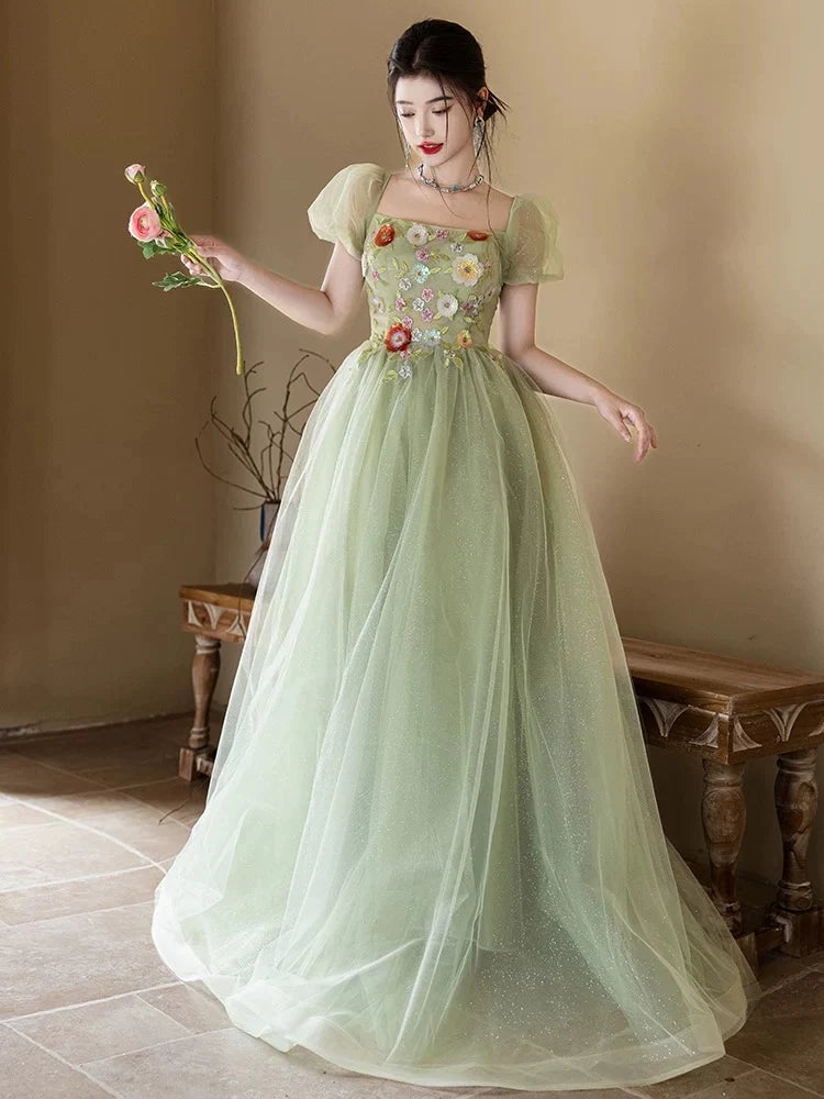 A-Line Puff Sleeves Tulle Flower Green Long Prom Dress, Green Long Formal Dress TH018