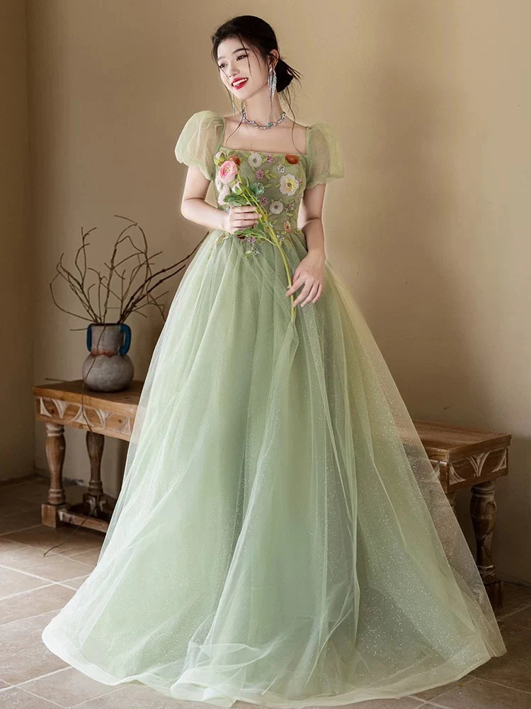 A-Line Puff Sleeves Tulle Flower Green Long Prom Dress, Green Long Formal Dress TH018