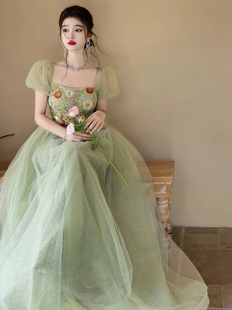 A-Line Puff Sleeves Tulle Flower Green Long Prom Dress, Green Long Formal Dress TH018