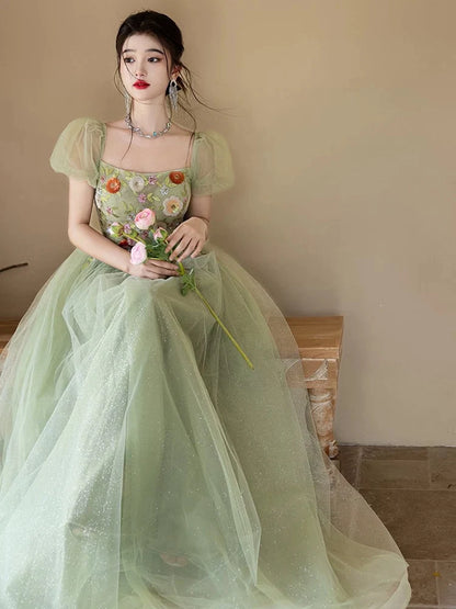 A-Line Puff Sleeves Tulle Flower Green Long Prom Dress, Green Long Formal Dress TH018