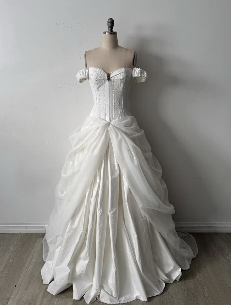 Elegant White Satin Off-the-Shoulder A-line Long Wedding Dress TH021