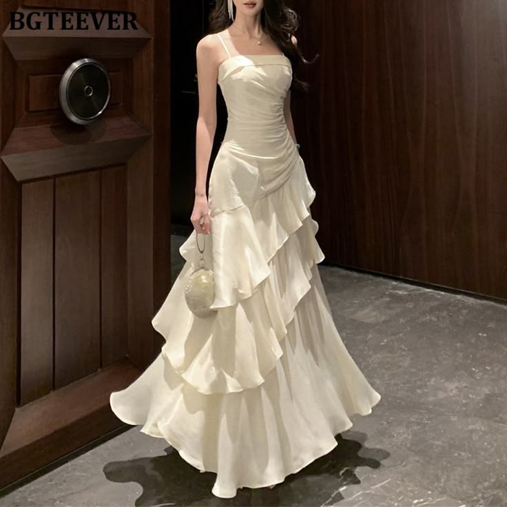 Beautiful White Satin Off-the-Shoulder A-line Ruffled Long Wedding Dress TH024