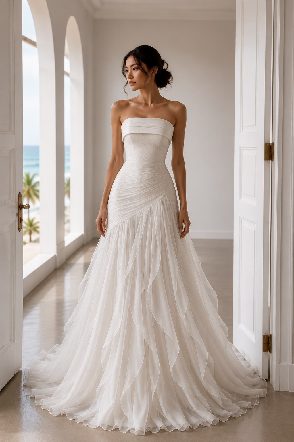 Elegant White Tulle Off-the-Shoulder Sheath Long Wedding Dress TH025