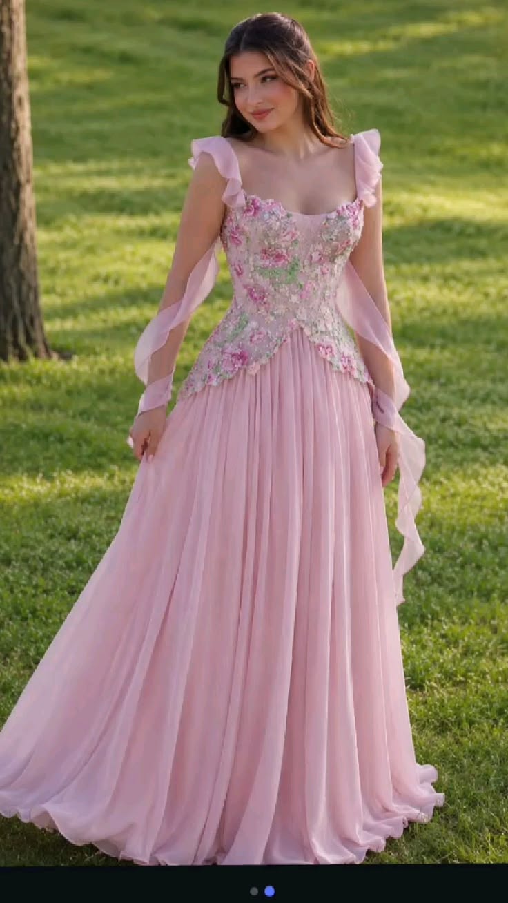 Elegant Pink Square Neck A-line Floral Appliqué Tulle Long Prom Dress TH030