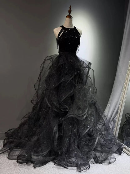 A-Line High Neck Tulle Ball Gown Sequin Black Prom Dress with Beads TH032