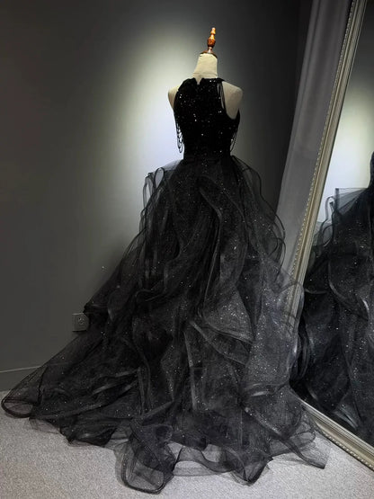 A-Line High Neck Tulle Ball Gown Sequin Black Prom Dress with Beads TH032