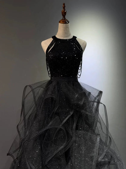 A-Line High Neck Tulle Ball Gown Sequin Black Prom Dress with Beads TH032