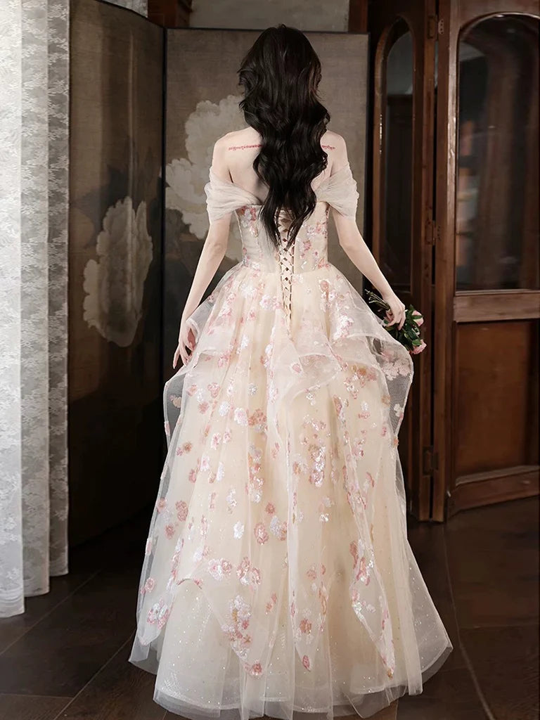 A-Line Tulle Lace Champagne Long Prom Dress, Champagne Long Formal Dress TH034