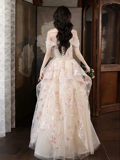 Elegant Strapless Champagne A-line Wedding Dress Tulle Evening Dress TH034