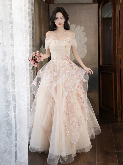 Elegant Strapless Champagne A-line Wedding Dress Tulle Evening Dress TH034