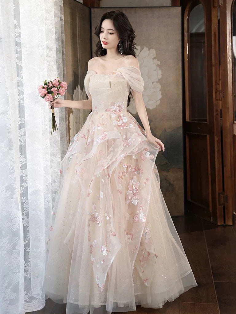 Elegant Strapless Champagne A-line Wedding Dress Tulle Evening Dress TH034