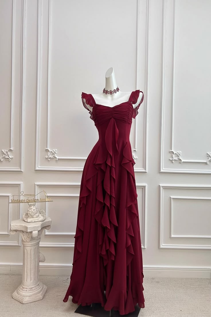 Elegant Square Neck Red A-line Prom Dress Ruffled Chiffon Evening Dress TH038