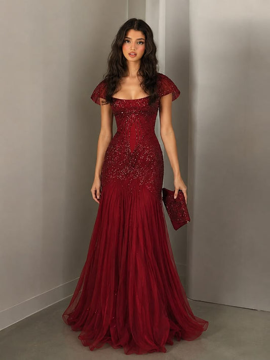 Elegant Square Neck Red Sheath Prom Dress Beaded Evening Dress TH039