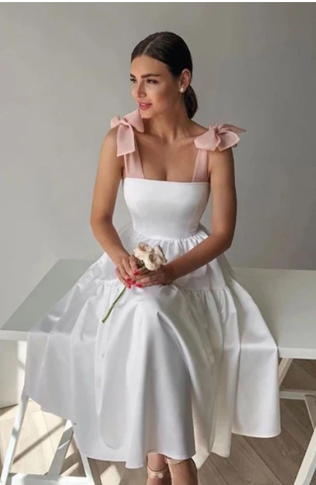 Ethereal Square Neck White A-line Prom Dress Satin Wedding Dress TH043
