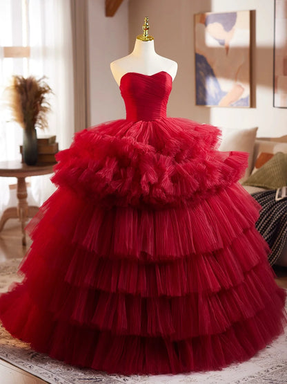Burgundy Tulle Sweetheart Neck Long Prom Dress, Burgundy Long Evening Dress TH045