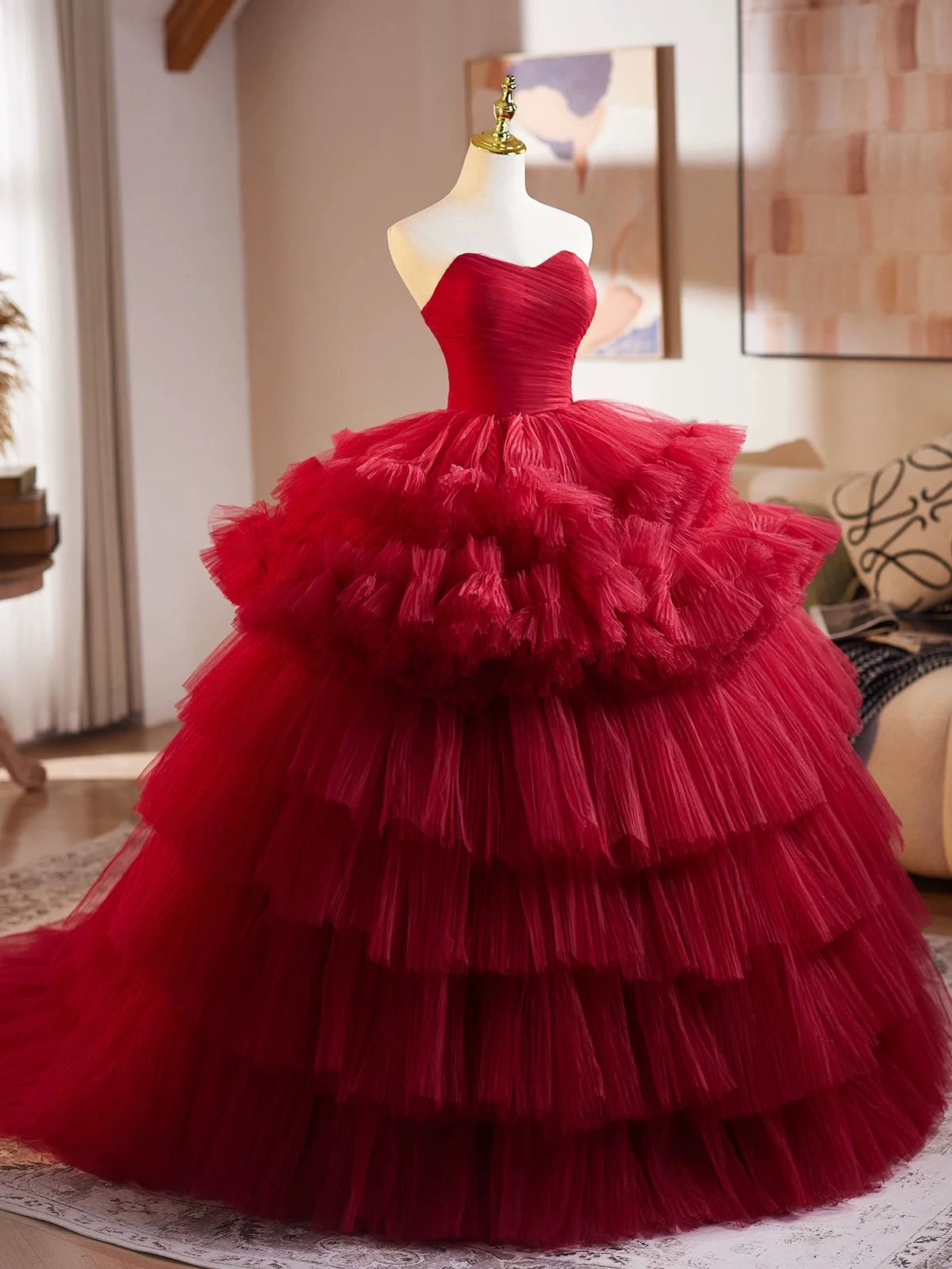 Burgundy Tulle Sweetheart Neck Long Prom Dress, Burgundy Long Evening Dress TH045