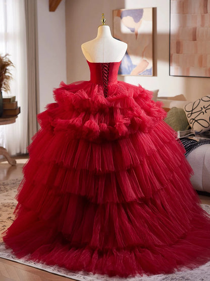 Burgundy Tulle Sweetheart Neck Long Prom Dress, Burgundy Long Evening Dress TH045