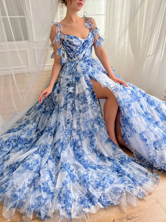 A-Line V Neck Tulle Blue Long Prom Dress, Blue Long Formal Dress TH046