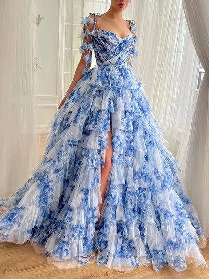 A-Line V Neck Tulle Blue Long Prom Dress, Blue Long Formal Dress TH046