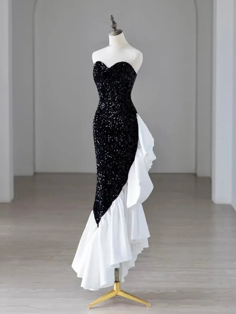 Mermaid Sweetheart Neck Black/White Long Prom Dress, Black/White Formal Dress TH048