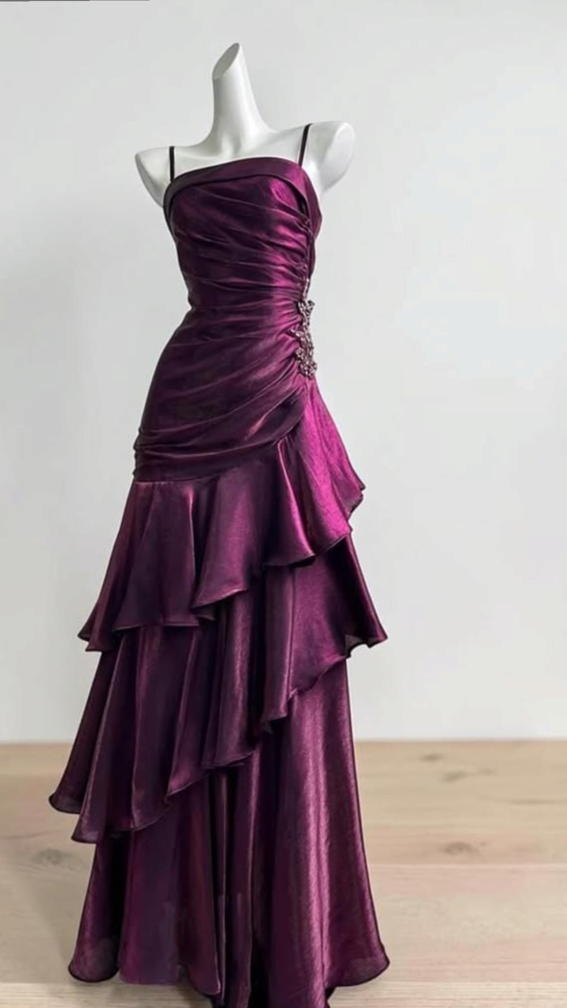 Elegant Spaghetti Straps Plum Sheath Prom Dress Satin Ruffled Evening Dress TH049