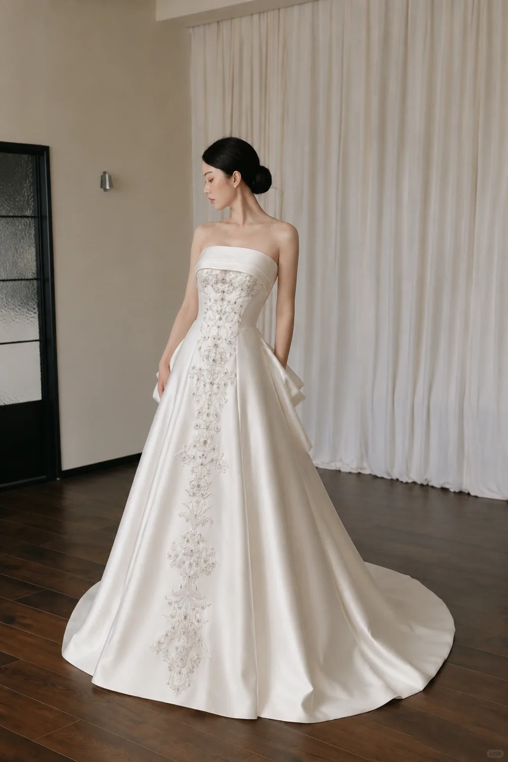 Elegant Off-the-Shoulder White A-line Prom Dress Satin Beaded Wedding Dress TH050