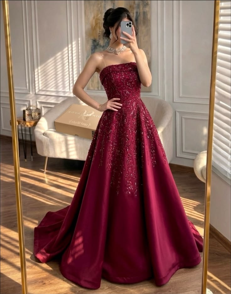 Elegant A-line Red Long Evening Dress Off-the-shoulder Beaded Satin Prom Dress TH054