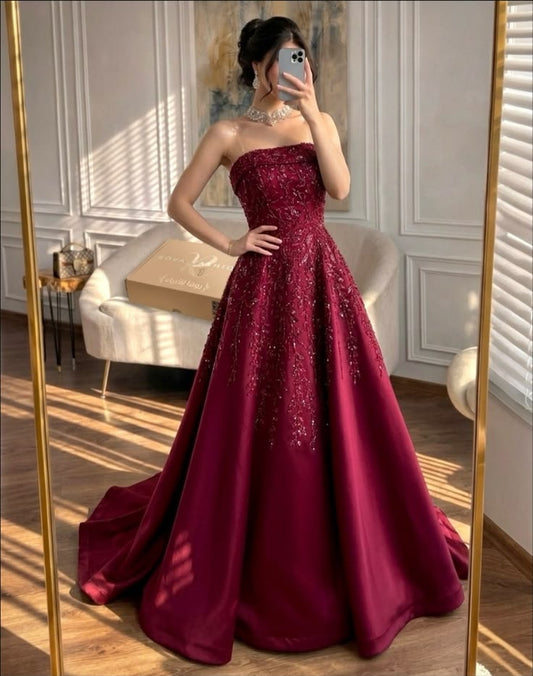 Elegant A-line Red Long Evening Dress Off-the-shoulder Beaded Satin Prom Dress TH054