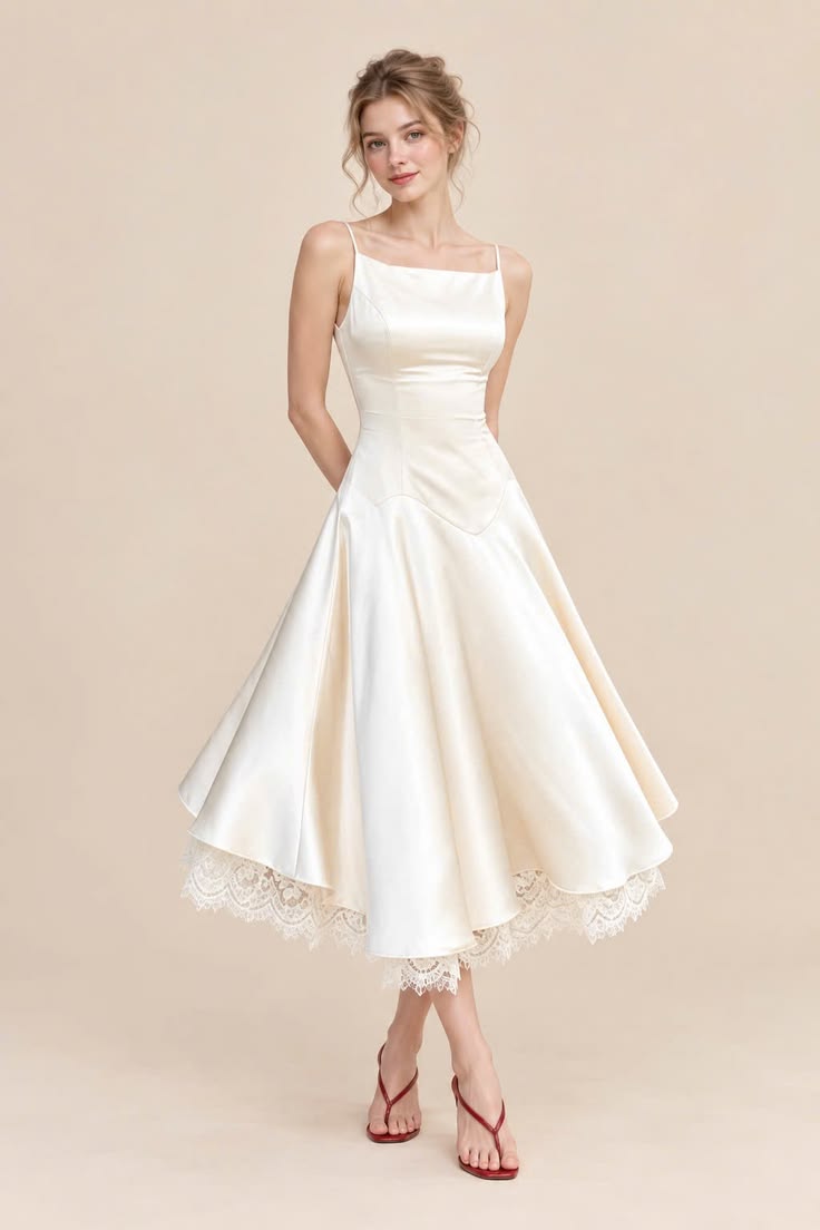 Elegant A-line White Spaghetti Straps Long Wedding Dress Satin Prom Dress TH067