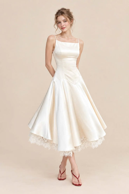 Elegant A-line White Spaghetti Straps Long Wedding Dress Satin Prom Dress TH067