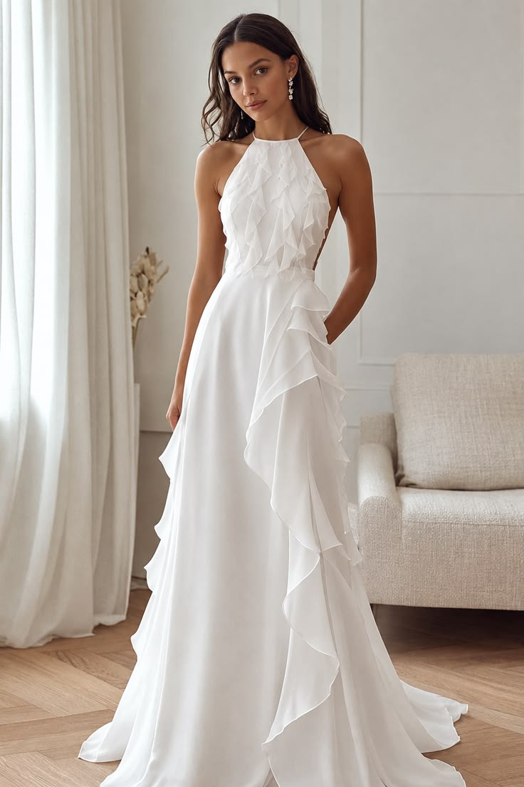 Elegant A-line White Halter Neck Long Wedding Dress Satin Ruffled Prom Dress TH068