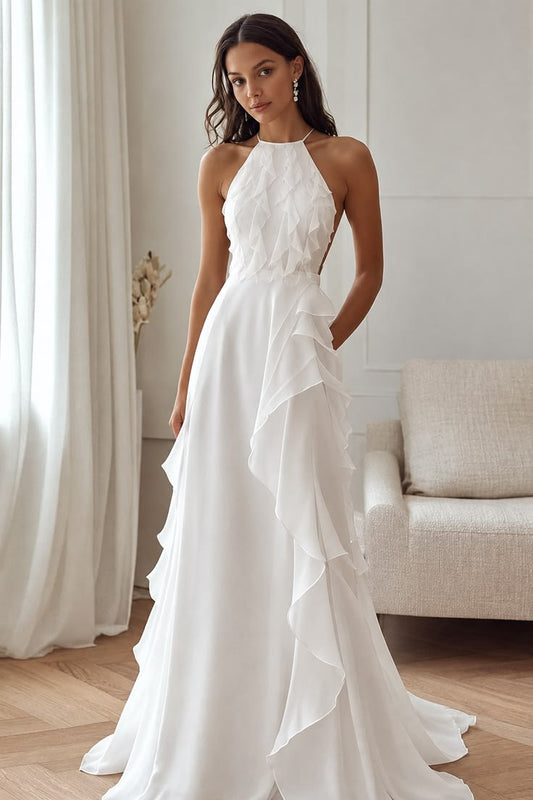 Elegant A-line White Halter Neck Long Wedding Dress Satin Ruffled Prom Dress TH068