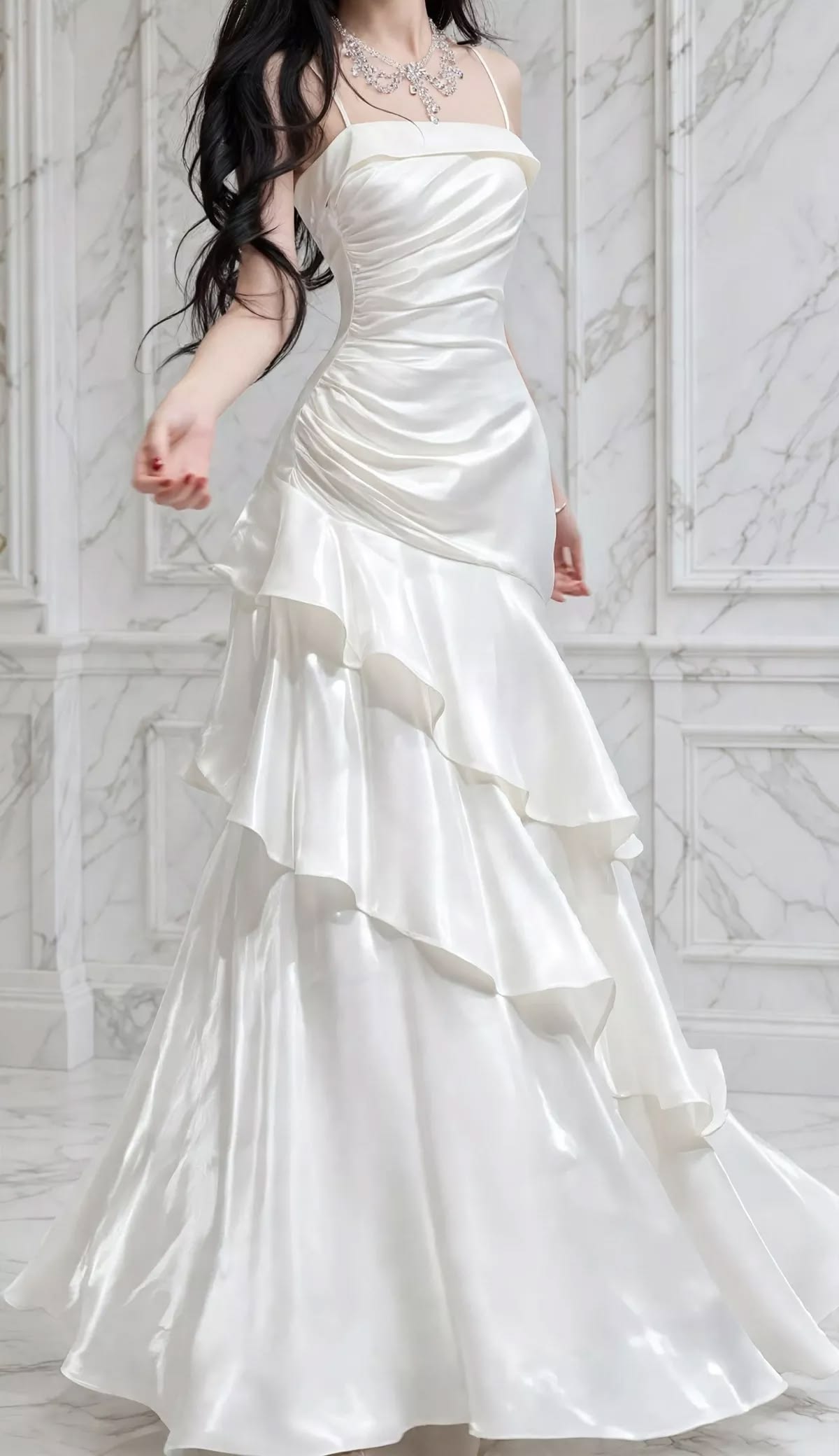 Elegant Sheath White Spaghetti Straps Long Wedding Dress Satin Cascade Prom Dress TH069