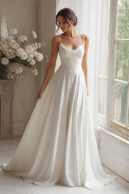 Elegant A-line White Spaghetti Straps Long Wedding Dress Satin Prom Dress TH071