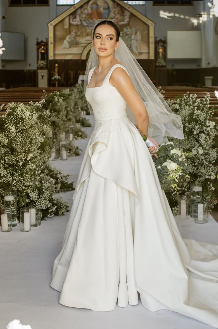 Elegant A-line White Square Neck Long Wedding Dress Satin Prom Dress TH073