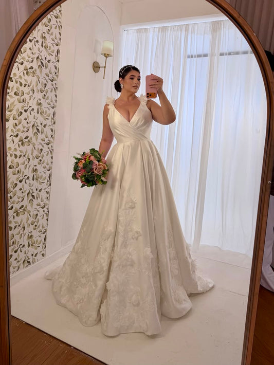 Elegant A-line White V Neck Long Wedding Dress Satin Prom Dress TH074