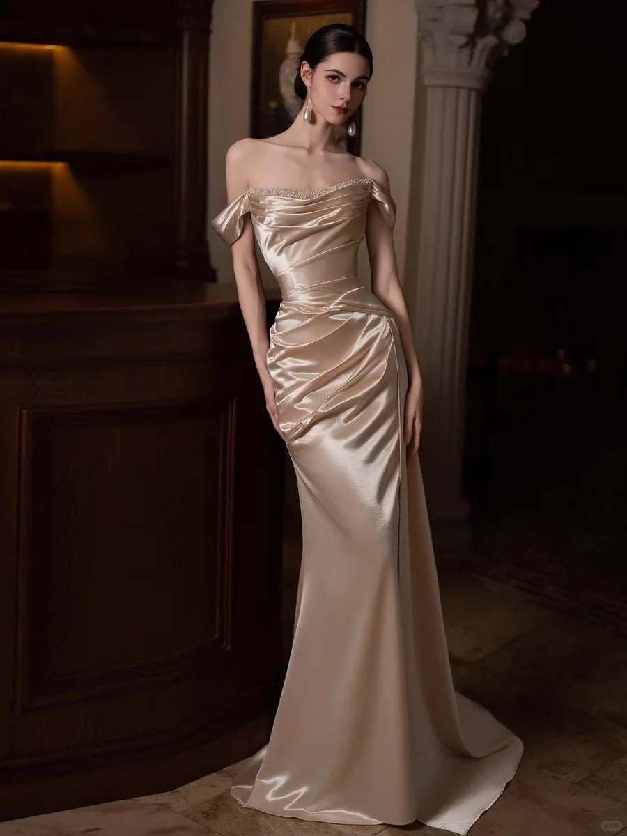 Elegant Sheath Champagne Off-the-Shoulder Long Evening Dress Satin Prom Dress TH075