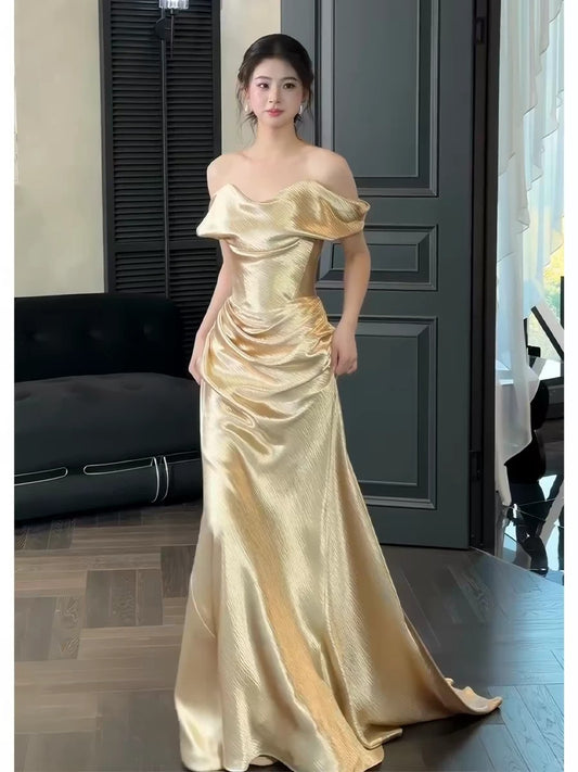Elegant Sheath Yellow Off-the-Shoulder Long Evening Dress Satin Prom Dress TH076