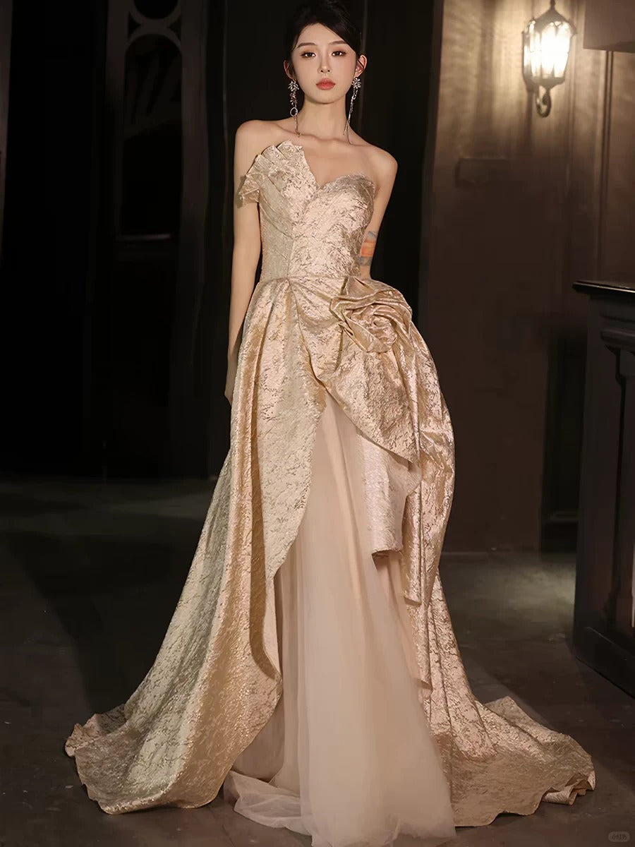 Chic A-line Champagne Long Evening Dress Off-the-Shoulder Prom Dress TH077