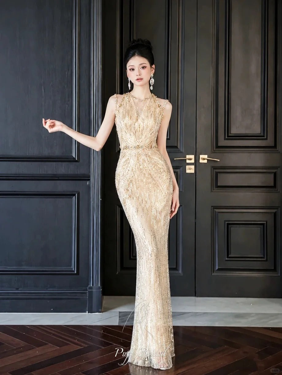 Chic Sheath Champagne Long Evening Dress V-Neck Beaded Prom Dress TH080